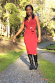Beautiful dress! I love the color, the pockets,and the length is very appropriate.
However the dress shows way too much cleavage for  my comfort, I feel the need to wear a camisole. Regardless the purchase was worth it. - Auxilia C.