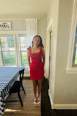 I loved this dress. It fit true to size. I loved that I could adjust the straps by tying the bows tighter or more loose. It helped it fit just right. - Mia L.