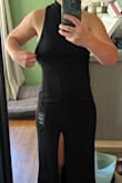 Beautiful dress! Loved the Asymmetry with the open back! Got a lot of compliments! I'm smaller on the bust so the left side of the bust did gap open, there are good seams there to have it just taken in, but didn't have enough time for that. Boob tape did wonders to keep me from falling out haha! - Kristen F.