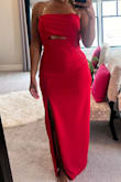 This dress is super fun. I love the pop of red and it's a show stopper. It's a hard dress to find a bra for so I ended up wearing nipple covers and tape to secure the front top.
The back kept sliding down because the band around the top isn't secure enough. Other than that, the fit is great and I love the dress. - Nicole S.