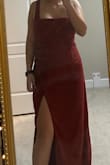 Dress is lightweight, material is good quality, and the fit is flattering. I was under the impression the dress was rust orange, but when it arrived it was more of a rust red/brick color. I liked the slit on the dress because it was visible, even when not posing, and was a good amount of revealing imo. Although I was considering pinning it bc if you're not careful it could open pretty far. The neckline ended up looking very square on me. The one thing I didn't like was the fit on the chest; the straps were pretty long so the fabric over the chest sat a little too low and was saggy bc it wasn't pulled tight, so it made me look a little boxy, as opposed to curvy. Definitely needs a hem even in heels at my height. Overall tho, if you like the picture and the style, it is a great dress and I would recommend buying it! - Madison D.