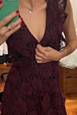 I chose the burgundy dress and was not disappointed. From the reviews I read before buying it, I knew I would need to add some stitches on the neckline. Quite showy so, no surprises on that part, this will be handled. 
I am very happy with the dress. The fabric does not disappoint, does not look cheap and the color is beautiful. I am 5'4, and the dress goes just a few inches above my ankles, with high heels. I think it looks really nice and elegant. Recommended. - Maria C.
