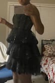 I really really like this dress. It fits just right. I would use the size survey they have. Built in bra. My only complaint is that the sequins are not as silver and sparkly as the picture. But I plan on making it up with silver strapped heels so we should be fine - Mayla M.