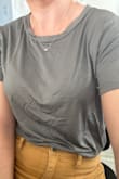 Wanted to get a basic top: bonus that this is a bodysuit. Comfy material! The downside is the olive green doesn't look like the promotional photo: could be the flash? On the site, it looks more green and shimmery. In person, it's more of a cool tone. - Brandie R.