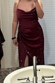 I usually don't like how cowl neck dresses look on me, but this one looked so good! The color is great and I really liked the slit size and the ruching. - Madison D.