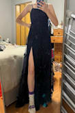The fit overall of the dress is great, but as some other reviewers said, the chest area is on the verge of too small. I still would prefer this size to sizing up, though. I'm a 30C for bras, which isn't very large just for anyone wondering about the space up top in the dress. The length is good, would be completely perfect in heels, but still wearable without (it's a tad long without heels for me). The colour is like in the pictures. The fabric was not quite the quality I was hoping for but it is still nice. I think I'll have to sew the leaves and stuff on a little better at the bottom of the dress as it's not a finished edge on the outer layer so the seam holding them on was cut where the leaves are cut. For those who can't see in the pictures, the overlay is mesh with leaves and flowers sewn on. The slit is pretty high, so I'm going to sew it down a bit. Overall, I'm pretty satisfied, but I'm very thankful I didn't pay full price. Excuse me - Kaylee C.