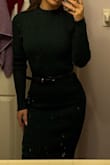 Stretchy material, I'm usually between an xs/small and got the xs. Love the color and it's perfect for winter. Actually kept me super warm too. - Victoria W.