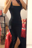 this dress is fitted and super flattering but still good for a nice event. the material is thick and has a little stretch. could've been a bit tighter in the bust but nothing a push up bra can't fix. if you need a classy black dress that will make you look amazing, get this!! - Amarae W.