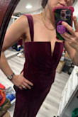 Ok the stretchiest velour on the planet it feels like a juicy couture velour tracksuit was made into a gown! Not hot or thick, it's medium-weight and crazy stretchy. I could sleep in this. It says fitted waist but I feel like I could eat a ton of food and I'd feel unconstrained. Lulu's sizing rec was a S and I'm thankful I didn't get a M bc the bust would be way too big for my small itties. The straps are so pretty love the shape, the slit isn't too high, and the color is just so gorgeous!! With some elbow length gloves, this is going to stunnnnn! - Jennifer L.