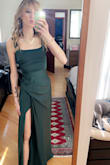 I loved this dresss! Perfect fit matched my makeup, and went extremely well with my skin tone, hair, and makeup!!! I loved the color, the slit, the ruffles, the neckline, and it was comfortable as well! - Carly G.
