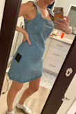 Loved this denim dress but extremely disappointed in how this was made. The bottom fit very good, but the top was massive and the straps were huge.  You would have to get it altered big time.  The straps wouldn't even stay on my shoulders, and the cup size was more like a size double D or E boobs.  It was also huge and was just wide open and flapping.  And you can't size down because it's denim and it doesn't stretch. So if you want this dress, you better be willing to get it altered up top. - Shasta L.