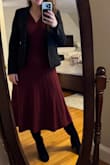 Great for work and pairs well with boots. Was looking for a fun sweater dress that wasn't bodycon style for work. The waist hit me a little more snug than I wanted at first but with shape wear I ended up liking it just fine. Also love the neckline! Also paired with a black suit jacket for work, but do like it better without. - Evelyn C.