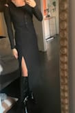 Loved how it hugs and cinches in the waist. I'm 5'3 and measure 35" bust, 27" waist, 35" hip and the small fits perfectly. The material is heavier but that makes it nice for work and being in offices. For work, I'm wearing it with a mock long sleeve underneath. While the slit isn't too high, will probably wear sheer tights, too. - Skye W.