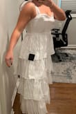 Needs a good steaming to get the wrinkles out, but super cute dress to wear at my wedding rehearsal party. The bow straps are great so you can have the sleeves exactly how you want to fit. The sparkles/shimmer doesn't picture well, but in person, it is so cute! Such a fun dress for a bridal event! - Jo T.
