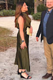 This dress is absolutely gorgeous. The material is perfect and such high quality. I got the olive green color and have never gotten so many compliments on a dress! I ordered both a large and an extra large, and ended up wearing the extra large just to be more comfortable and not feel like I had to be sucking everything in all night haha. If you are between sizes, I would order one up unless you like it to be more form fitting in the waist and hips. There is plenty of room up top. There is no stretch to the satin fabric. I wore a one-piece bra/shorts spanx type thing underneath and it was perfect! - Anna W.
