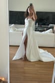 OMG I love it. The fabric is thick. Structured. The slit is so high and so sexy and I love it because it adds sexiness to the a-line dress. It has a slight sheen with the satin but not too crazy. It fit me perfectly after I took my bra off. I'll need to hem it off course because I'm short. But wow gorgeous. And for this price, can't go wrong. Love. I ordered a size 2 and it wasn't in stock. I'm so glad I went on the waitlist and got the 2 because it's perfect. Mahalo Lulus!!!! - RISS R.