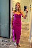 This dress was very comfortable to wear. Loved the adjustable straps. The slight draping hides a little belly. If you have average boobs, you likely don't need a bra. I'm a 34AA so I ended up wearing a padded strapless with a little extra padding, and I managed to get the appearance of a little cleavage. I did shorten the dress some because I thought the original length was a little blah. Looking for excuses to wear it again! - Jennifer L.