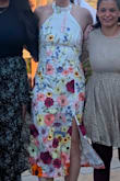 Got this dress for my bachelorette party and bridal shower (I'm the bride). I love the wildflower look and got so many compliments on this dress. I'm glad it fit perfectly because the material is not at all stretchy, and I will say my torso is probably an inch or so longer than the neck thing was designed for, so it tries to pull down a little, but not enough to be a problem. I may even switch to this dress when I inevitably get hot at my wedding reception! The dress is not see through - dark underwear may show a little but anything in the nude spectrum works great. And it's thick enough that no bra was needed (just stickies). - Sarah K.