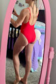 Can't wait to wear this on our upcoming beach vacation! My husband suggested a red Bay Watch inspired swimsuit, and this one is perfect. The material is buttery soft, and the adjustable straps are great! The back is cheekier than I am used to, but it fits so well. - Amber M.