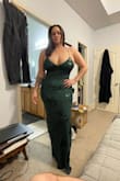 Love this dress. It's very classy but sexy. The color is a deep green and is just gorgeous. It's also very comfortable and supports my large bust which is very hard to do with an open back like this. Buy it! - Alexandra S.