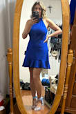 I bought this dress because I love the blue color, and the overall style fits my body type.  I love that this dress is perfect for anything from work, church, wedding etc.  It's pure perfection.  I did go with large after exchanging the medium just for a little extra room, although medium fit I felt it was too snug for me. I wore it for my 54th birthday shoot. - Melissa L.