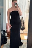 I ordered the large and the extra-large to see which would fit better and the large fits perfectly! I have larger hips, but a smaller waist and bust so it is a tad big on my chest area but it still works! The material is gorgeous- very elegant and clean looking, and also very stretchy! The ruching in the front makes you feel super comfortable and it is very flattering. So excited to wear this in my besties wedding! - Cassidy R.