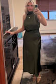 I purchased this dress in olive green to wear at a school fundraiser at a fancy banquet hall. It looked and felt so rich. The dress and material were so flattering on me. I got compliments the entire night! - Suzan M.