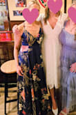 I was the maid of honor for my best friend and wore this dress to the wedding rehearsal and rehearsal dinner. I am obsessed with this dress. The blue color is lovely the fabric is high-quality. The dress and skirt have a blue lining, which gives the dress really nice movement and feels great to wear.
I have an athletic build/smaller chest, and was worried I wouldn't fill the top out and would have gaping or loose fabric, but the top's wrap style is flattering and will correctly fit a spectrum of body types.
The dress is "backless" but the structure of the dress makes the top very secure, and the back's cutout is relatively modest, so I felt like I was showing just the right amount of skin. I wore a sticky bra and decided not to use the belt that comes with it.
I got a lot of compliments, and my husband said I should order a backup because he loves it so much. - Stacie M.