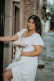 I loved everything about this dress. I used it for my courthouse wedding. and a photo section. Fits me very well. The material is thick and has a lot of stretch. 10/10 - Keila R.