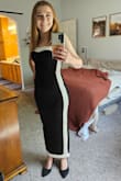 I absolutely love this dress. I always order my wedding guest dresses from Lulu's, and this is one of my favorites I've ever gotten! It is comfortable, fits perfectly, easy to move around in, and so flattering. I am pretty petite, so I was worried that the white stripes would make me look even shorter, but it actually elongates my figure. I usually have to get dressed tailored, even with heels, but this dress is the perfect size and length. I can't wait to wear it to the black and white wedding we're going to! - Amanda M.