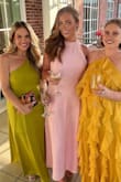 Ordered this dress for a june wedding because I was obsessed with the color! I opted not to use the belt and it was the perfect flowy summer guest dress. I got lots of compliments! I am 5'3 1/2 so I wore 3 inch heels with it and it was the perfect length. - Anna C.