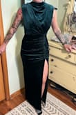 Gorgeous emerald green color. Fit is great. Keep in mind the chest area will fit loosely, but that's as intended. Bunching of fabric hits in all the right places. Truly cannot wait to wear this in the fall. - Megan H.