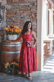 Loira Burgundy Burnout Jacquard Lace-Up Midi Dress is an absolute showstopper. The rich burgundy shade with its intricate jacquard detailing gives the dress a luxurious, festive feel that instantly elevates any occasion. The lace-up back adds a touch of romance and adjustability, allowing for a flattering fit that hugs in the right places while still feeling comfortable. The midi length is elegant and versatile - perfect for weddings, cocktail parties, or formal dinners. The flow of the skirt creates a graceful silhouette that moves beautifully, while the structured bodice provides support and shape. What I love most is how effortlessly the dress balances sophistication and statement. Paired with strappy heels and a clutch, it makes you feel confident, radiant, and ready to turn heads. Definitely a wardrobe treasure for special occasions. - Shruthi N.