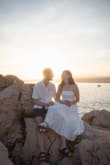 I wore this dress for my engagement photos and it photographed beautifully. Fitted bodice with flowy skirt. Very comfortable and could easily wear it again. - Cydney L.