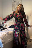 Photos do not do this dress justice, even more beautiful in person. I'm a curvy girl, so I always struggle with liking the way the dress looks on the model, and then hating it on me - this was not the case. I followed the size chart, and the dress fits like a glove. The colors are so vibrant, and the material is soft but thick, meaning it covers any imperfections (like cellulite for example). It hugs all the right places, and the high neck/open back combo is gorgeous! The slit is sexy but not too sexy.
Anyway, if you have some curves, or you were blessed with large breasts, don't stray from this one- give it a shot! This is the first time I've loved a dress on me as much as I loved it on the model.
(Photos were from when I tried it right out of the bag) - Taryn A.