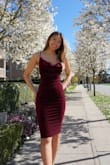 I found this on sale and was SO pleasantly surprised.  I'm normally a 0 so I got an XS and it fits like a dream and hugs all my curves. Beautiful velvet in a rich burgundy color. Wore it for my birthday and got so many compliments!!! - Elaine L.