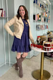 Got this one as well, and love it - love the English smocking on the top because it makes it super comfortable, not tight in the bodice area at all while still fitted for shape. I put a long necklace over it to give some dimension. Great length, and love the color. It's a brighter blue, not a true navy, more royal, but great dress. Really fits just like the model image. Wore it for a business networking presentation with boots and leather jacket. - SL H.