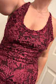 Dress lacks the sophistication as shown in photo. The color is more of a wine/ purple vs brighter burgundy / magenta as shown. Dress extremely long even with but I am 5'0 so that was honestly expected. The straps in back are not very supported, are thinner and can tell would break over time. The front bust area under arms are extremely wide = flares out despite me adjusting straps.  Pretty bummed as the dress looks must nicer in photos. Will be returning. - Kera G.