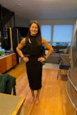 Ordered this in green and black, S and M as I'm slightly between sizes on the sizing chart. Had to find a dress for a birthday/dance party in a HURRY. Ended up keeping the smalls in both colors. This is a *very* cute dress, simple and elegant but with enough design details to be interesting and unique. It's a bit stretchy, super comfortable, and the back zip is just enough to help you slip it on over your hips. It's a *bit* challenging to unzip and zip all the way by yourself, but I managed it when I had to!
The fabric is mesh, but quite fine, and it's well-lined, so the overall effect isn't cheap, and it's. very comfortable/smooth against the skin. The little twist detail is cute & flattering IMO.
The only downside I found is that the chest slit will show ANY bra or stick-on - the model must be braless? (In my pics I had a sports bra on, but even a little regular bra really showed). I had to solve the problem by hand-sewing about 1.5" of the slit to make it shorter/cover my bra. But it worked great! - Maia C.