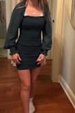 My 13yr old daughter ordered this dress for a school formal and it fits her perfectly - not too short and still classy with the sheer sleeves. She loves it!  Pics are her trying on the moment she received it, lol. - Lindsey W.