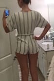 Really cute romper, but I wish it were just a couple inches longer. Feels like my booty is hanging out and it's just a tad see through. - Stacey A.