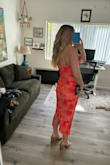 Flattering, confidence-boosting dress with a very sexy look. I usually avoid strapless styles because they tend to slip, but this one stays perfectly in place. The elastic is strong and secure. The mesh material has great stretch in all the right places and hugs your body nicely. The length is perfect. The description photo looked much paler in color, while the actual dress is a deeper orange and red. It is darker in person but still looks beautiful. Overall, I love this dress. - Haley B.