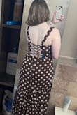 Usually wear a US size 8-10 and L fits perfectly. I have a large bust (34I) and I can wear this dress braless with my Cakes thanks to the corset style laces, although I wish the straps could be adjusted to be bit shorter. Will be pairing it with a pair of tall brown leather boots and a cream scarf/shawl for two rural spring weddings. - Constance A.