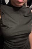 I assumed that this dress would be a safe pick, but I was severely mistaken. The sleeves were awful. They look nicely done and small in the model pics, but they're actually large and ugly. You can't fold them in, they just stick out. I'm also small chested (36B) and there's severe gapping and just awkward fabric on top. I put on a push up bra to see if it'd help but it still didn't look good. I was so aghast, I didn't get a full-body picture, but from the waist down it actually looked nice. It doesn't make up for the horror show on top. Unfortunately, this was final sale, so I'll have to figure out where to put it now. - Brittany A.