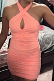 Pink color doesn't match pictures, but I actually had already seen the true color in reviews before ordering and so that didn't bother me.  I have a 36B chest and it fits well. This is 87% nylon and 13% spandex and feels like it. I wish the ruching wouldn't move under my stomach when I sit. I'll be adjusting that while I wear it. I'm wearing normal panties as I try this so don't mind the panty line. Overall, this'll be a good outing dress to have in the closet. - Brittany A.