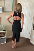 This is a cute LBD that adds a bit of flare with the cutouts. The top, right around the underarms, is a bit tight on me, but I wouldn't want a larger size because the rest of the dress fits well. The fabric is stretchy but not thin or flimsy. It feels structured and like it helps shape my waist and hips, but I can still move in it. - Becky H.