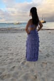 Wore this lavender dress to a beach wedding with a pastel dress code. I got a lot of compliments (the bride loved it!). The dress was comfortable to wear during the ceremony, dinner (the fabric hides bloating!), and for dancing. I didn't have to wear a bra due to the built-in cups, and the back string makes the fit customizable. The strings are silky, so they didn't stay tied with a simple bow. I had someone tie a stronger knot, and after that, it stayed put. I'm 5' tall so I had the bottom layer taken off, but this is expected. The length was perfect with 2.5 inch heels after that. 10/10 recommend this dress! - Tianna R.