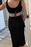 Lots of stretch, making this very comfortable. It's one of the few where the length is perfect, and I love the cut outs and slit. - Maggie S.