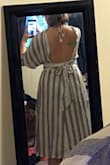 I love this dress. I was shopping for a dress to wear to a wedding, this is not it but It's so cute that I am probably going to keep it anyway! It's linen and has a lining. The top is a bit big. Again, wish I had bigger boobs. There is a zipper and a tie. It was A bit tight where he tie tied around my ribs but I think it would Be too big if I went up a size. The back is very open. I only wished it had Pockets. Maybe not the most flattering thing now that I look at it from The back, but I don't care! - Wendy M.