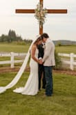 This dress was beautiful. I loved the lace and how simple it was. The train was the perfect length and it was perfect for our more casual wedding. I got a size small ( I am 5 ft 7 137lb), and I probably could have gotten a medium, however, the fabric is stretchy, and I wanted it tighter. I had to get the straps shortened, and we ended up adding a sparkle belt just for fun, but other than that it was perfect for the big day! The lace detailing was so beautiful. Couldn't recommend enough! - Kylie Z.